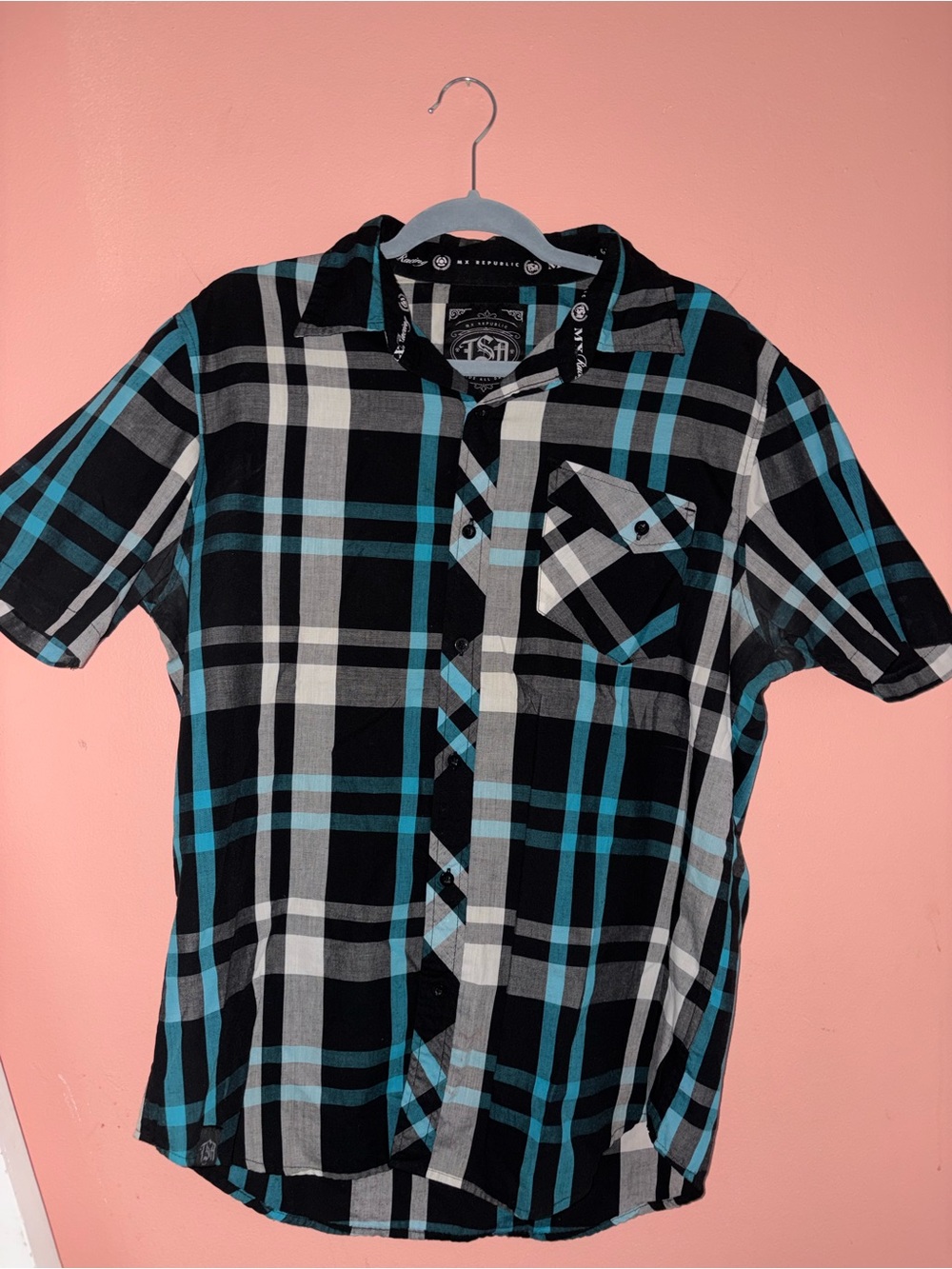 Men's Black & Teal Plaid Short-Sleeve Shirt